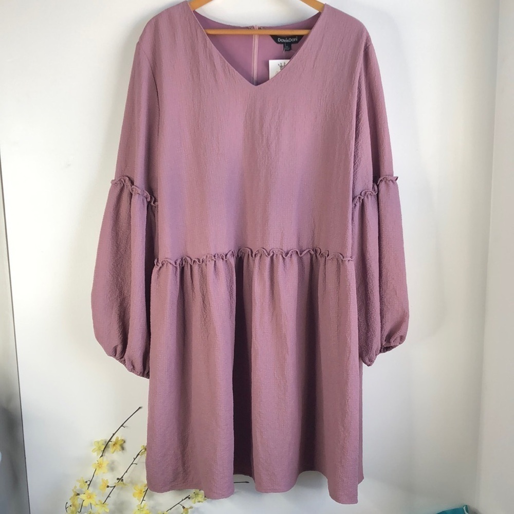 DAVI & DANI Pink Midi Dress with V-Neck and Bishop Sleeves